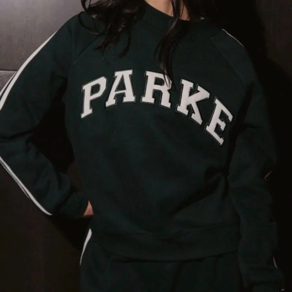 Parker Dark Green Crewneck with White Varsity Lettering